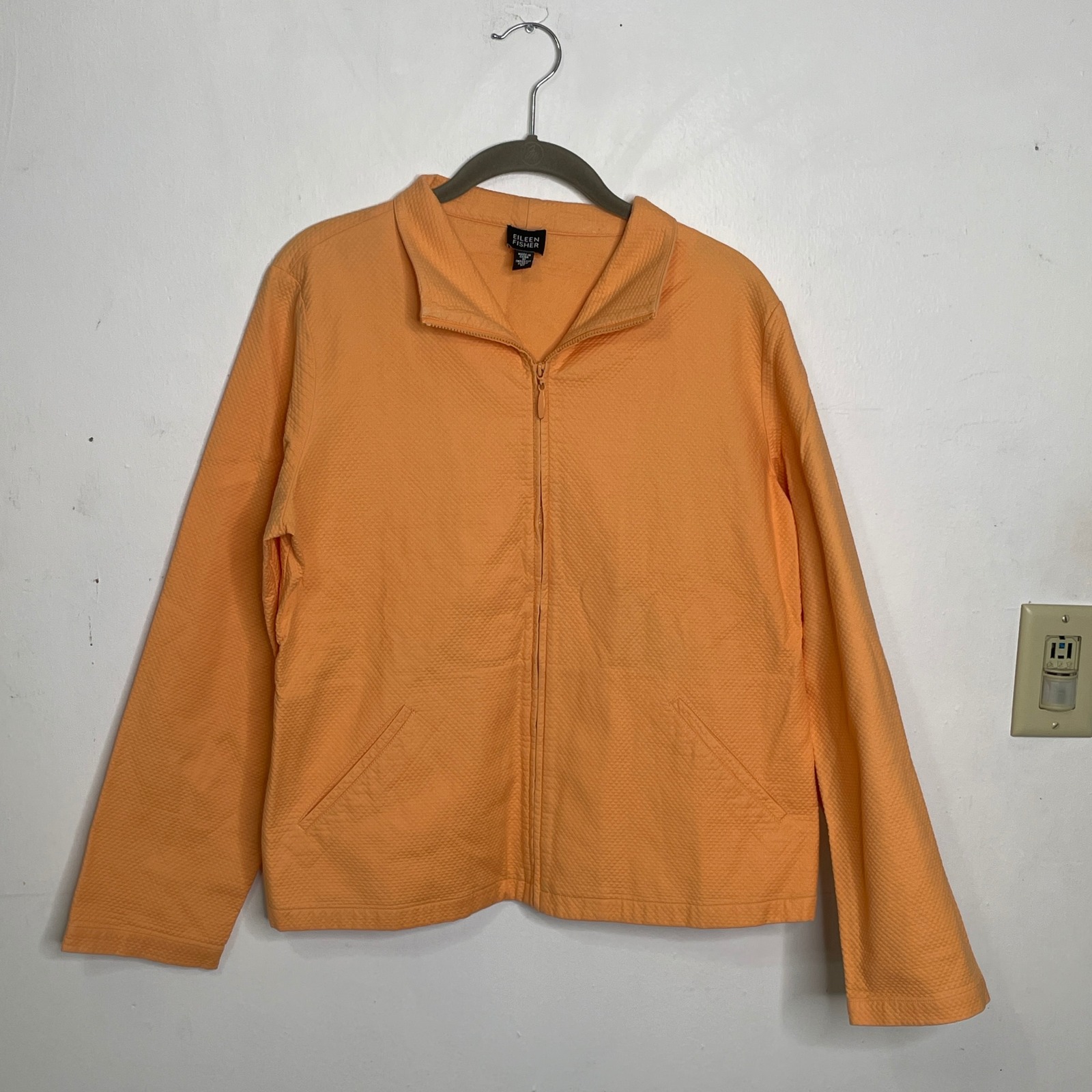 Eileen Fisher Womens Medium Orange Textured Pique Zip Front Jacket Cotton Blend